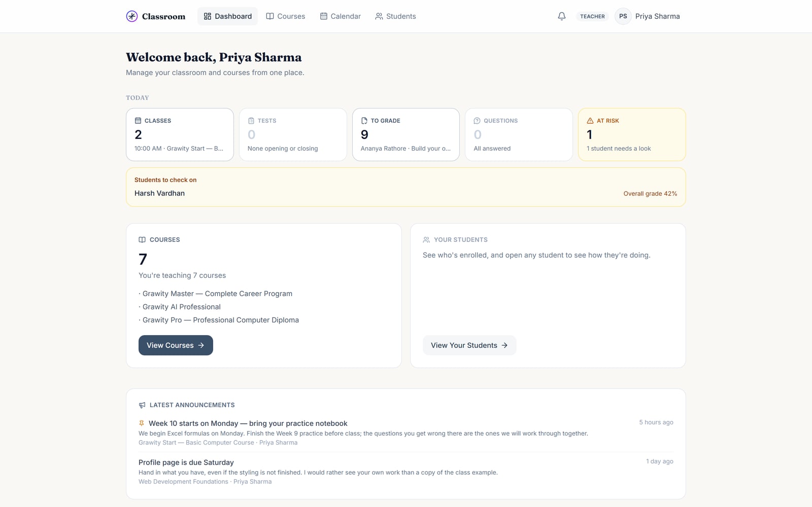 The Grawity Classroom teacher dashboard: work waiting to be graded, today’s tests, and students who need a look.